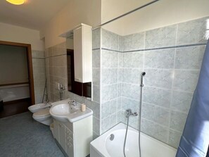 Een douche, een haardroger, een bidet, handdoeken