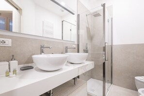 Shower, hair dryer, bidet, towels