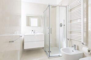 Regadera, secadora de cabello, bidet, toallas 