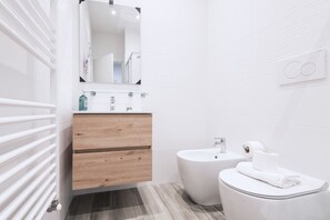 Shower, hair dryer, bidet, towels