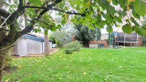 Une cour arrière verdoyante avec un abri de jardin, des arbres et un panier de basketball.
