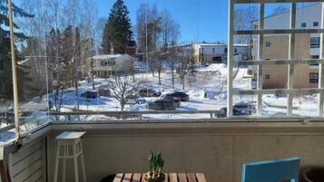 Parveke, josta avautuu lumipeitteisen maisemanäkymä, puinen pöytä, jonka päällä on ruukussa oleva kasvi, ja sininen tuoli.