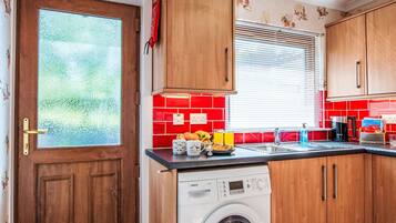 Fridge, microwave, oven, high chair