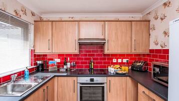 Fridge, microwave, oven, high chair