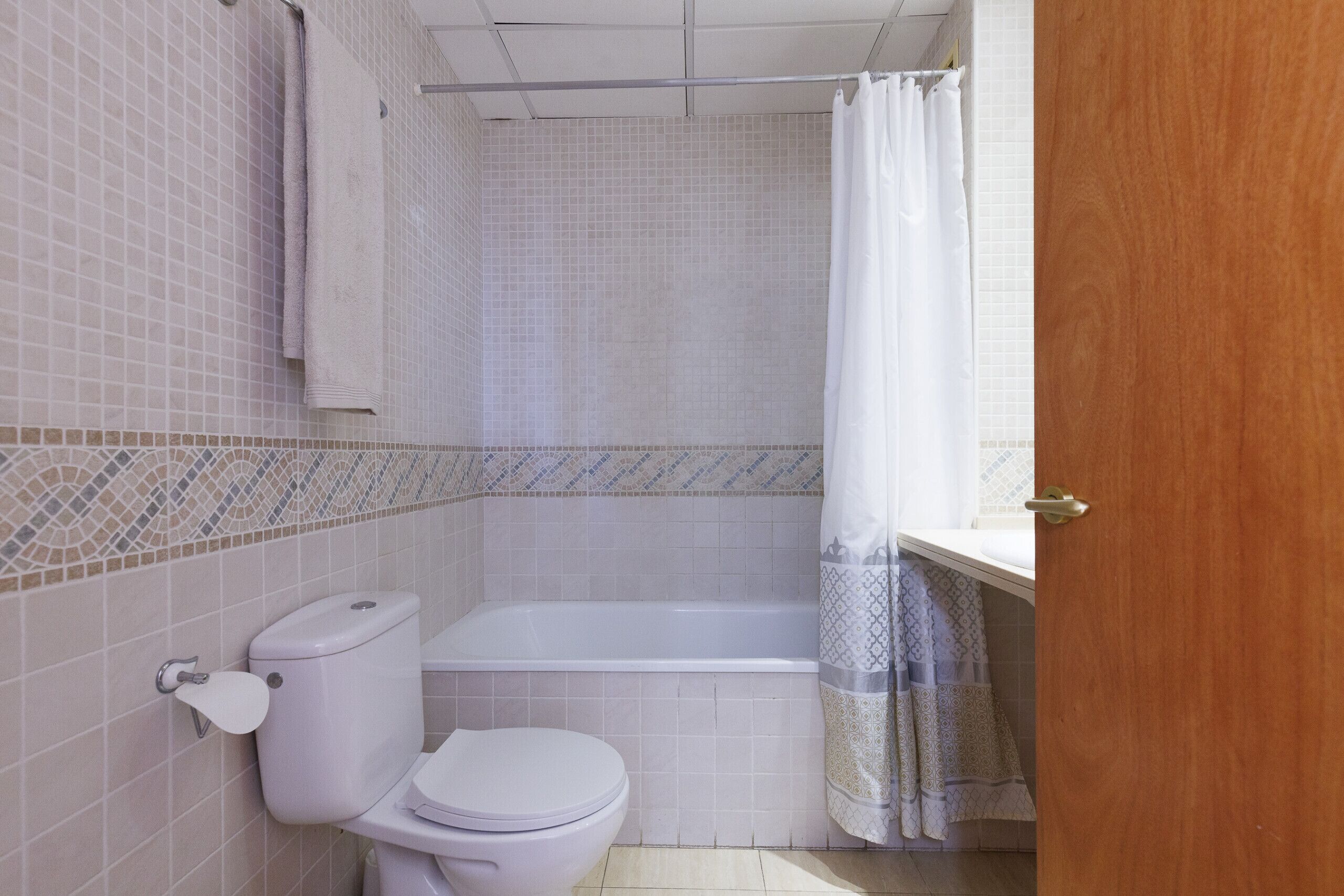 A bathroom with a toilet, bathtub, and shower curtain.