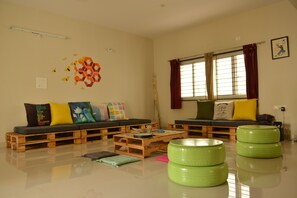 Living area - Backpacker & Travellers co-living hostel.
50% discount of female bookings, (Hyderabad)