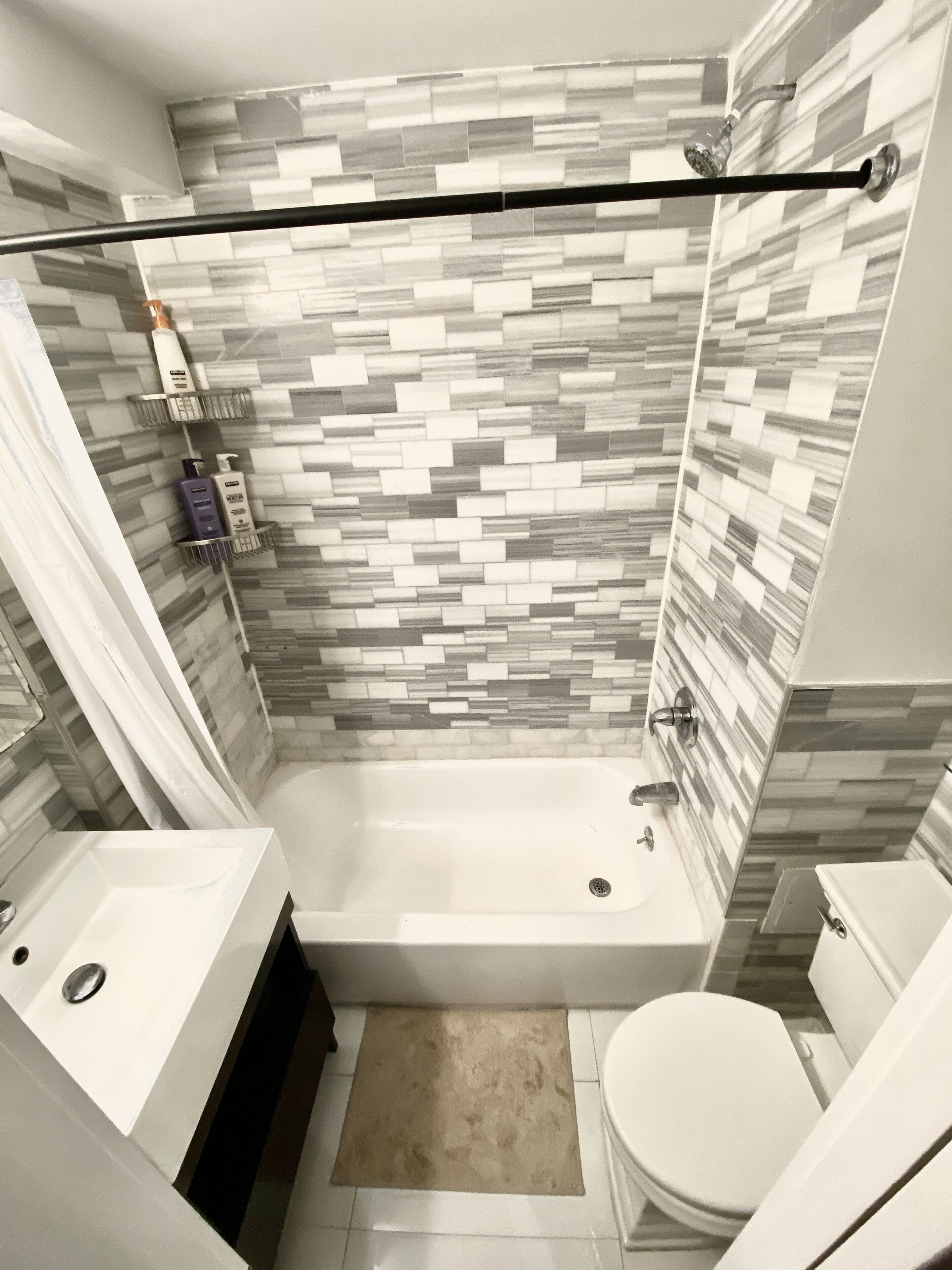 Hair dryer, towels, soap, shampoo