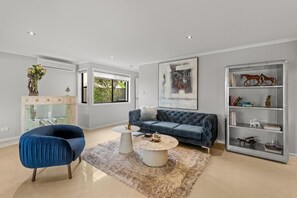 Smart TV, fireplace, DVD player, books