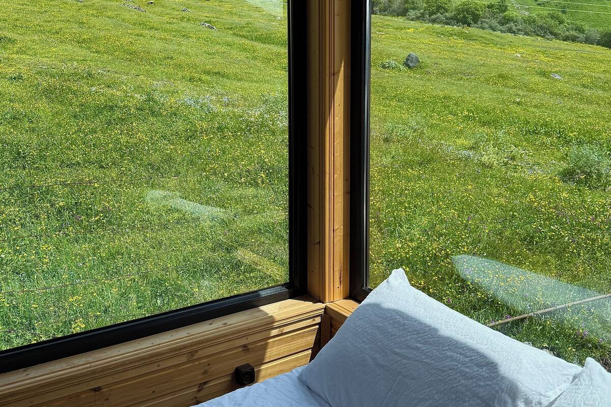 A room with a bed, a wooden ceiling, and large windows offering a view of a green landscape.