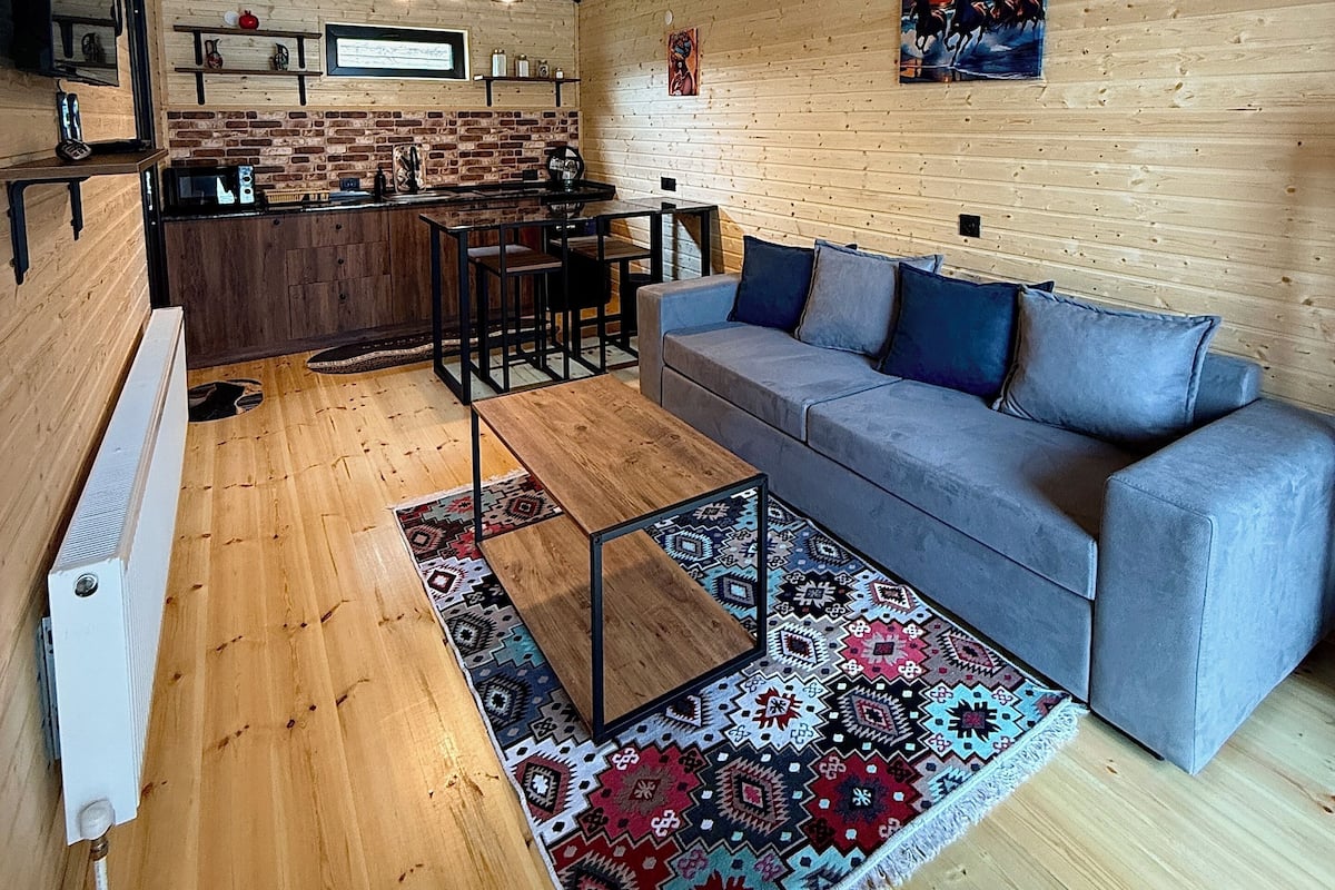A modern living room with a grey sofa, wooden flooring, a patterned rug, and a kitchen area in the background.