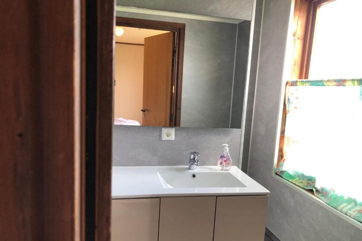 A bathroom with a white sink, a mirror, and a window with a view.