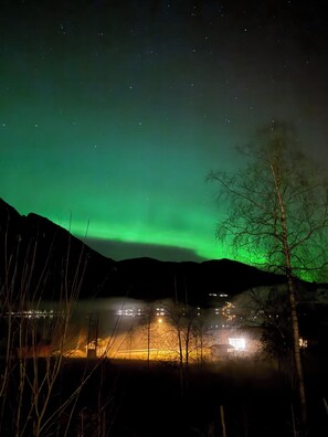 A night scene with the Northern Lights over a mountainous area with a few buildings and trees. - Jølster Lake View (Sunnfjord)