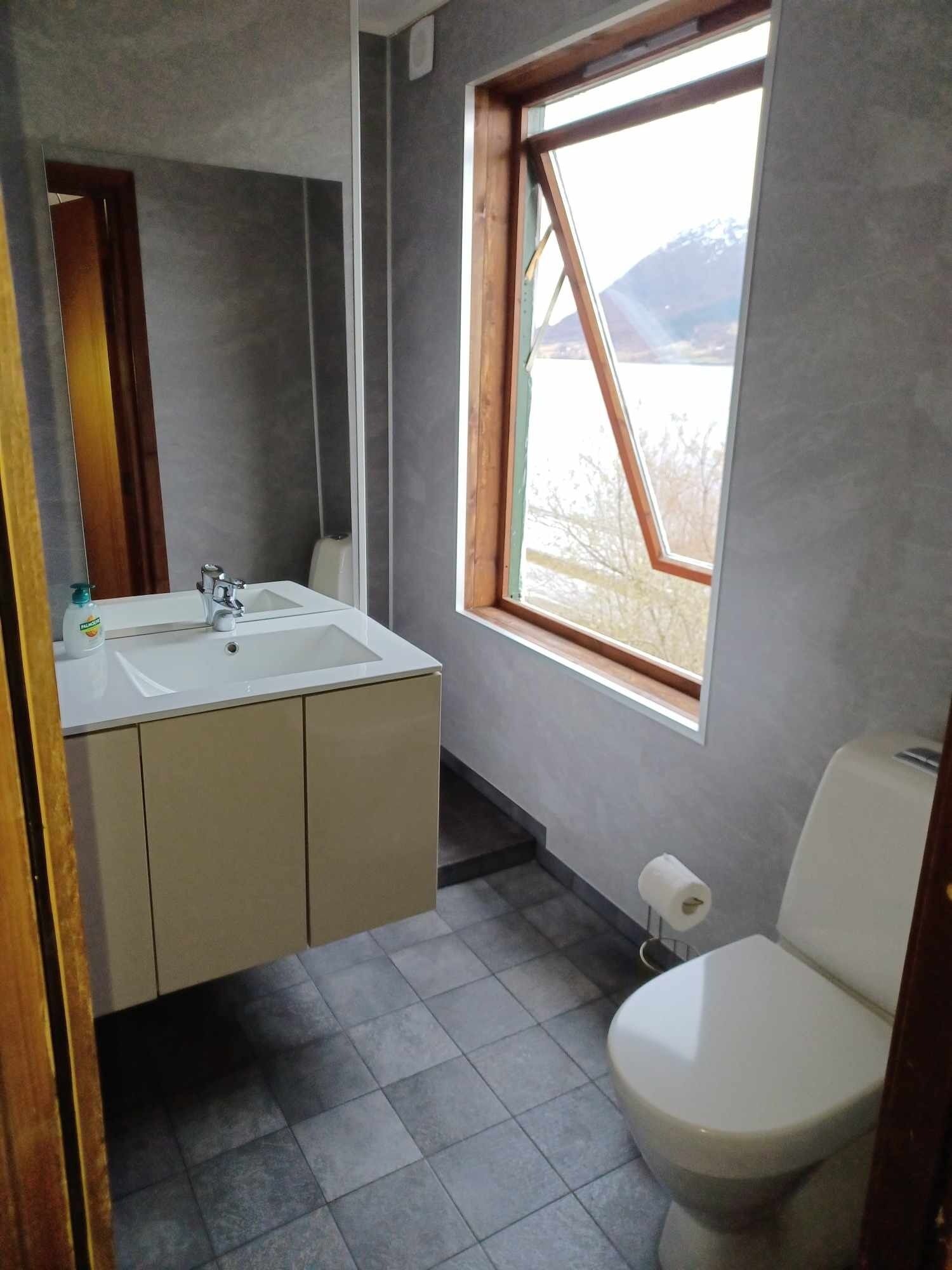 A bathroom with a white sink, mirror, and toilet. There is a window with a view of a mountain.