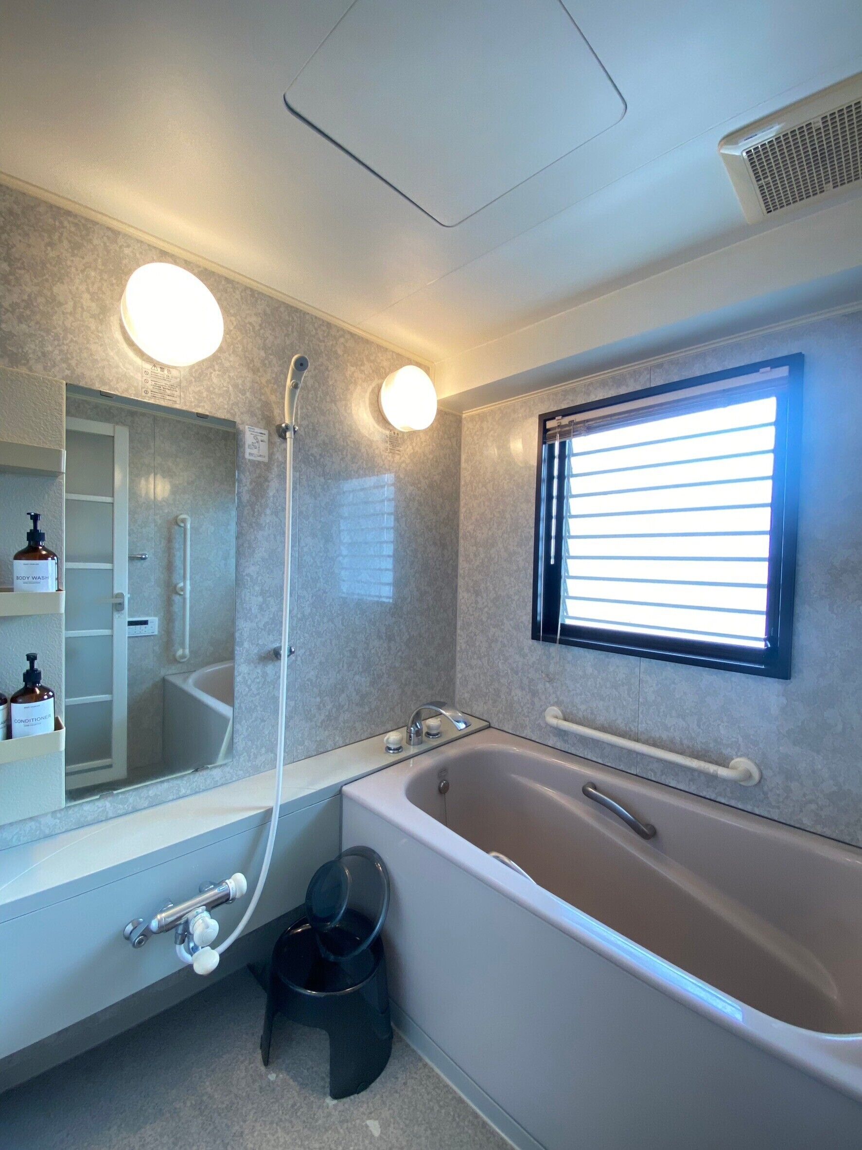Hair dryer, towels, soap, shampoo
