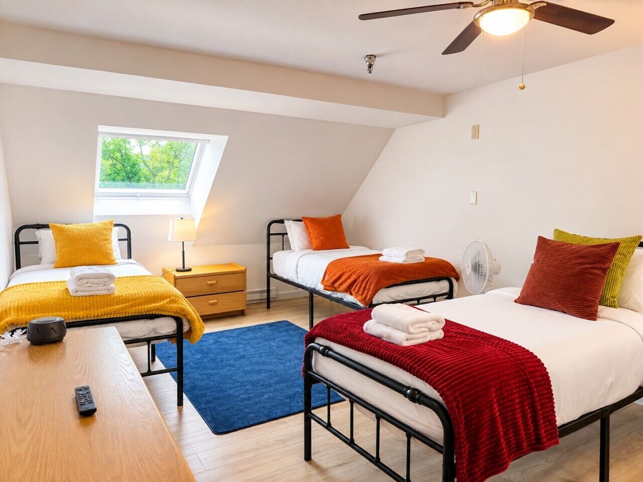 A dormitory room with two beds, a desk, a chair, a ceiling fan, a window, and a nightstand.