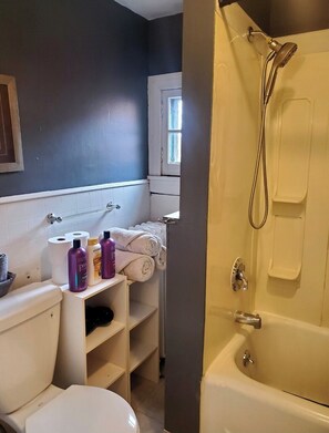Hair dryer, towels, soap, shampoo