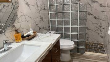 Shower, hair dryer, towels, soap