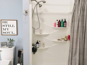 Shower, towels, soap, shampoo