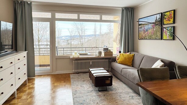 A modern living room with a sofa, a coffee table, a TV, and a view of a snowy landscape through large windows. - Ihr Perfekten Rückzugsort, um die Schönheit des Oberharzes zu Entdecken (Sankt Andreasberg)