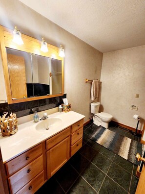 A bathroom with a wooden vanity, a large mirror, a toilet, and a patterned rug. - Beautiful private Tainter Lake Retreat in Western WI. Sleeps 10 (Menomonie)