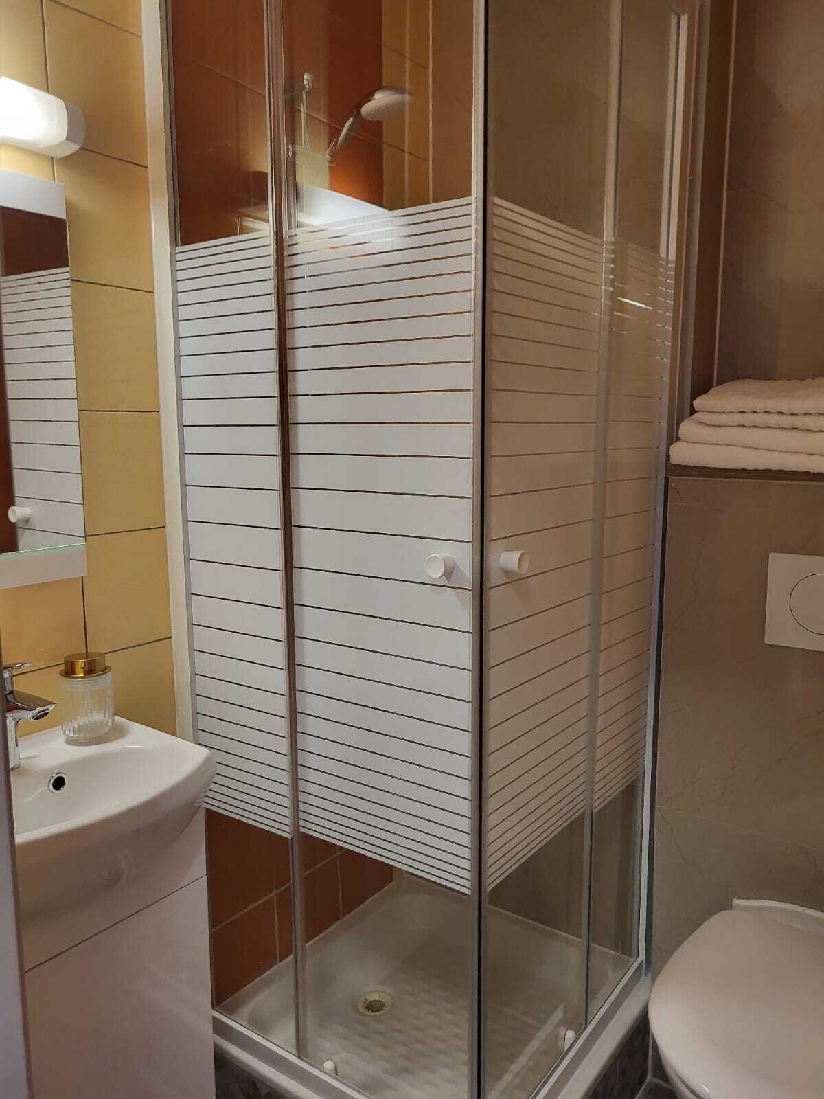 Un baño con ducha de vidrio, lavamanos blanco y un inodoro.