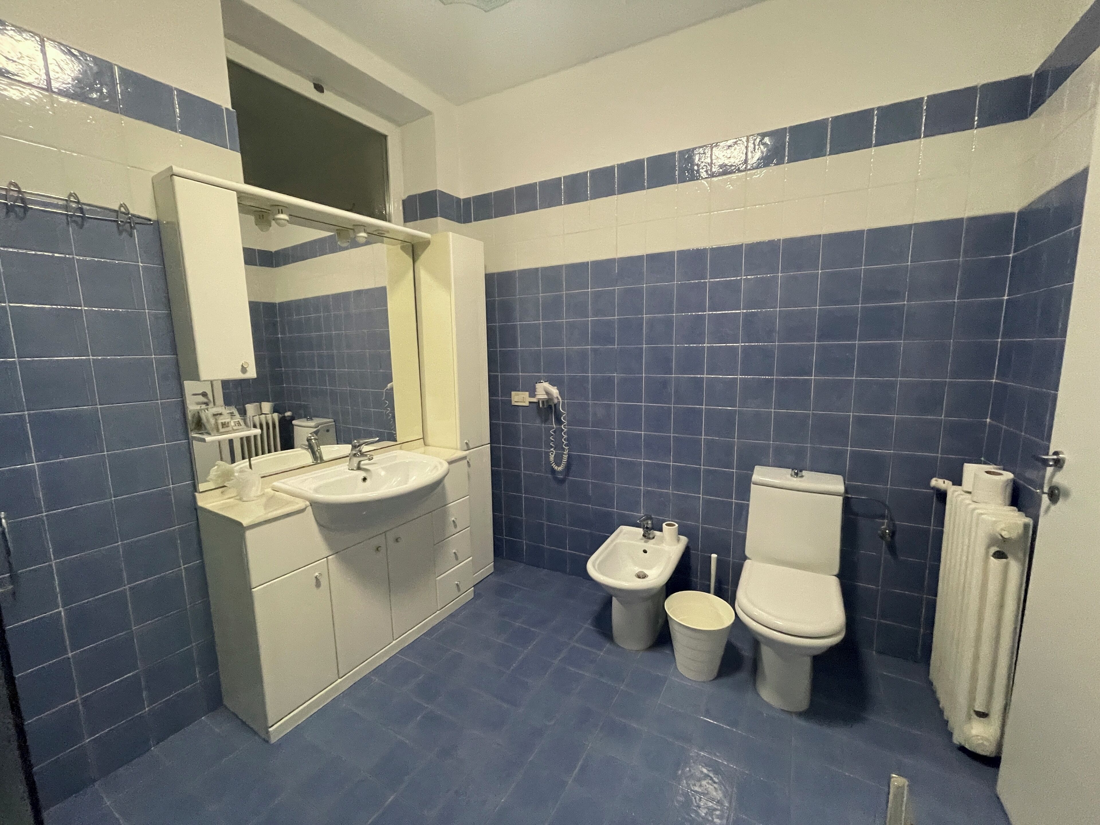 Ein Badezimmer mit Waschbecken, Spiegel, zwei Toiletten und einem Bidet.