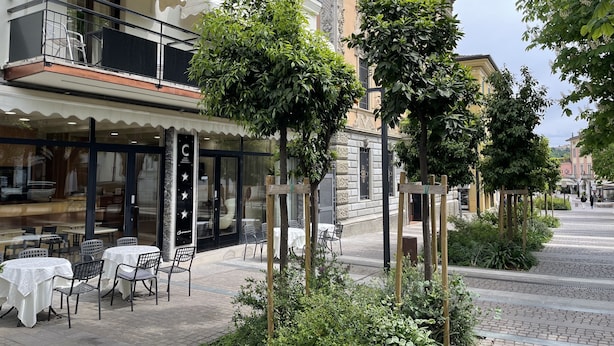 Un café al aire libre con mesas y sillas, un edificio de arquitectura ornamentada y árboles en primer plano.