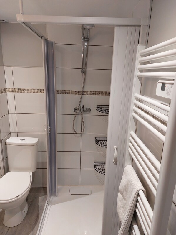 Dusche, Haartrockner, Handtücher, Seife