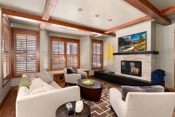 Smart-TV, peis, bøker og stereoanlegg