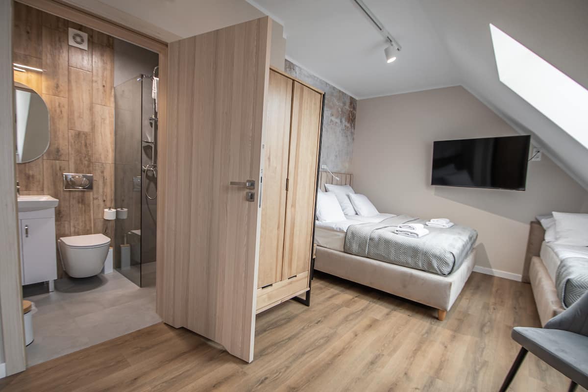 Een moderne slaapkamer met een houten garderobe, een bed met een grijs-wit gestreept dekbedovertrek, een aan de muur bevestigde televisie en een dakraam.