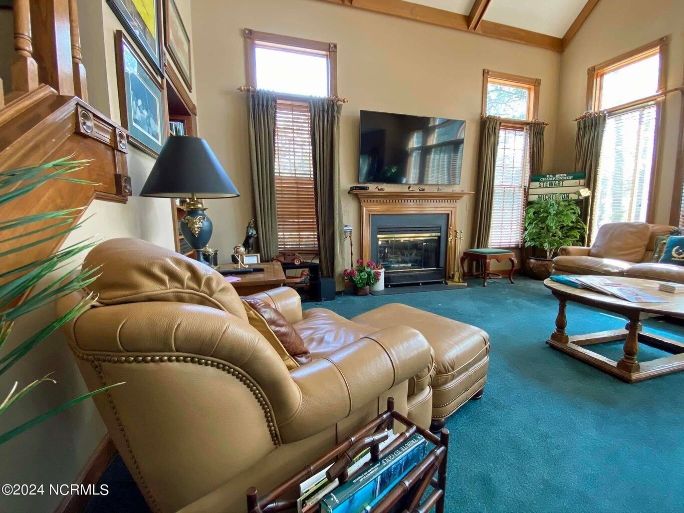 Una sala de estar con chimenea, muebles de cuero, un televisor y una estantería.