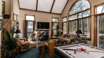 Smart TV, fireplace, books