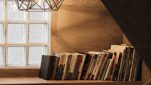 A bookshelf filled with books in a room with a textured wall and a window with frosted glass. - Deep blue 23 B&B (Magong)