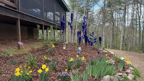 Een aangelegde tuin met een diversiteit aan bloemen en decoratieve elementen, waaronder een modern gebouw met grote ramen en een houten terras.