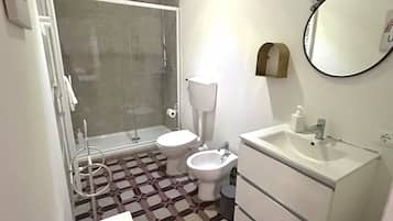 Regadera, secadora de cabello, bidet, toallas