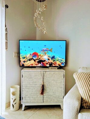 Een smart-tv, boeken en een printer