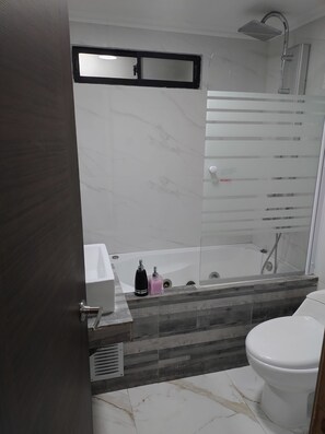 Hair dryer, towels, soap, shampoo