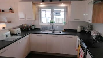 Cabin | Private kitchen | Fridge, microwave, oven, stovetop