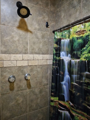 Shower, hair dryer, towels, soap
