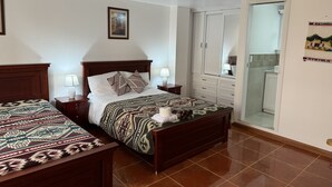 A bedroom with two beds, a wardrobe, a bathroom, and a small kitchen area.