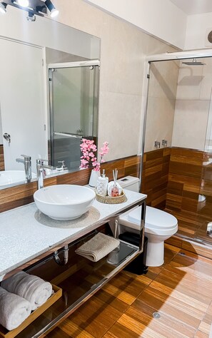 Shower, hair dryer, towels, toilet paper