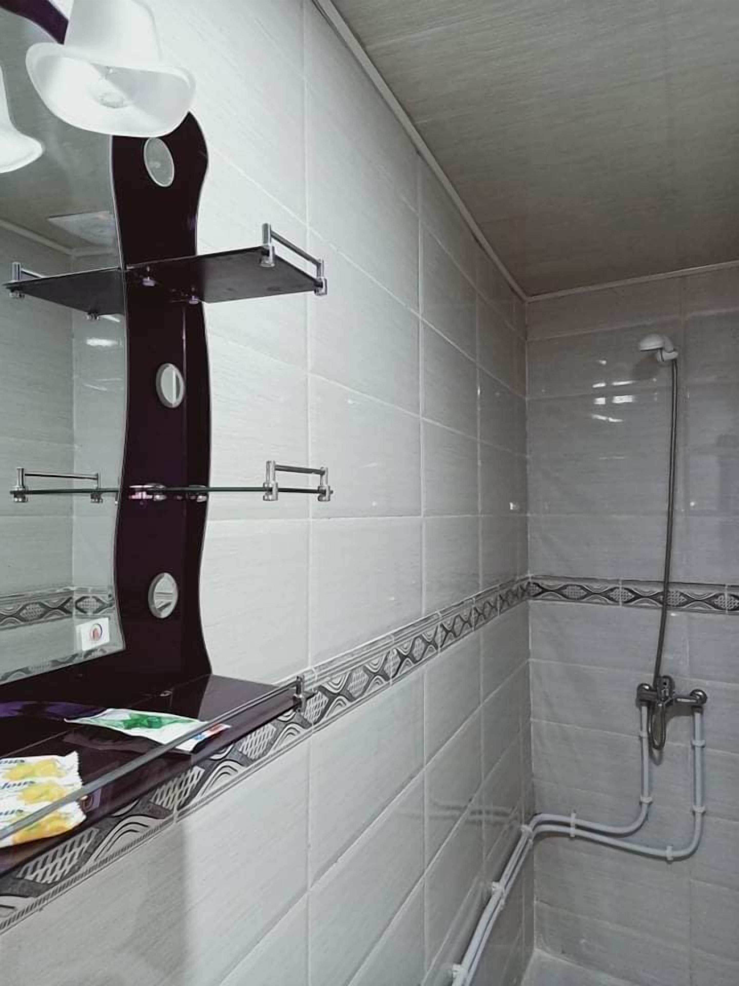 Ein Badezimmer mit Spiegel, Handtuchhalter, Dusche und Fliesenwand.