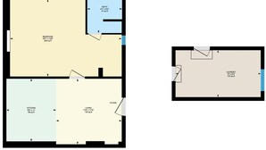 Un plan d’étage comprenant une chambre, une salle de bain, une cuisine, un salon et un hall d’entrée.