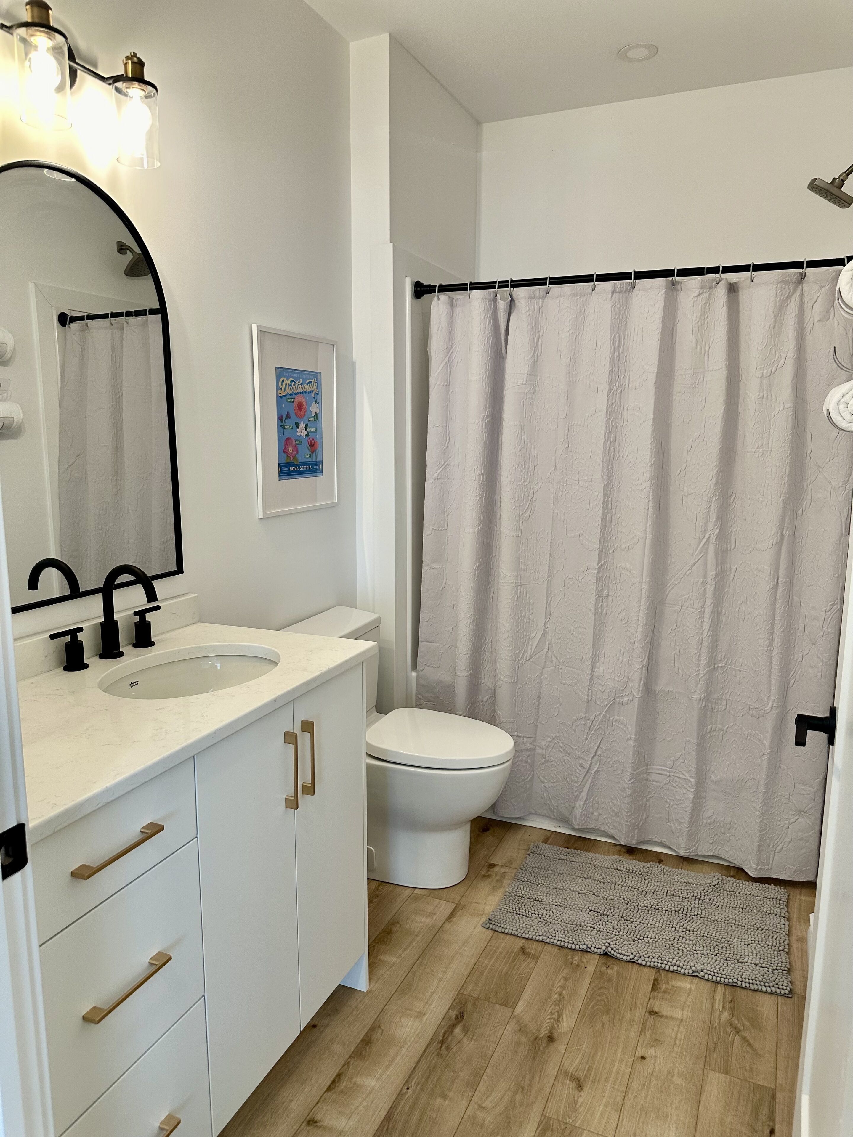 Hair dryer, towels, soap, shampoo