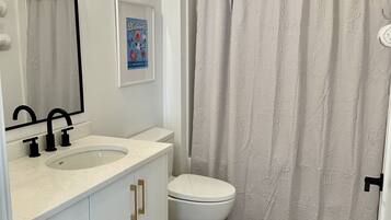 Hair dryer, towels, soap, shampoo