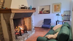 A cozy living room with a fireplace, a green sofa, a chair, and a small table with decorative items. - House on hillside with garden. Relaxation near Lucca and the sea. Pets allowed (Fibbiano)