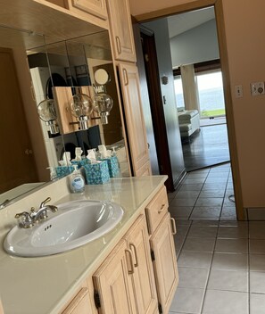 Shower, jetted bath, hair dryer, towels