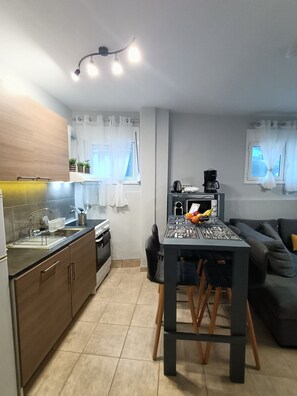 City Apartment | Private kitchen | Fridge, microwave, oven, stovetop - Philosophers Secret (Athens)