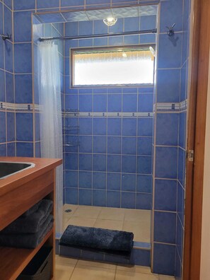 Shower, hair dryer, towels, soap