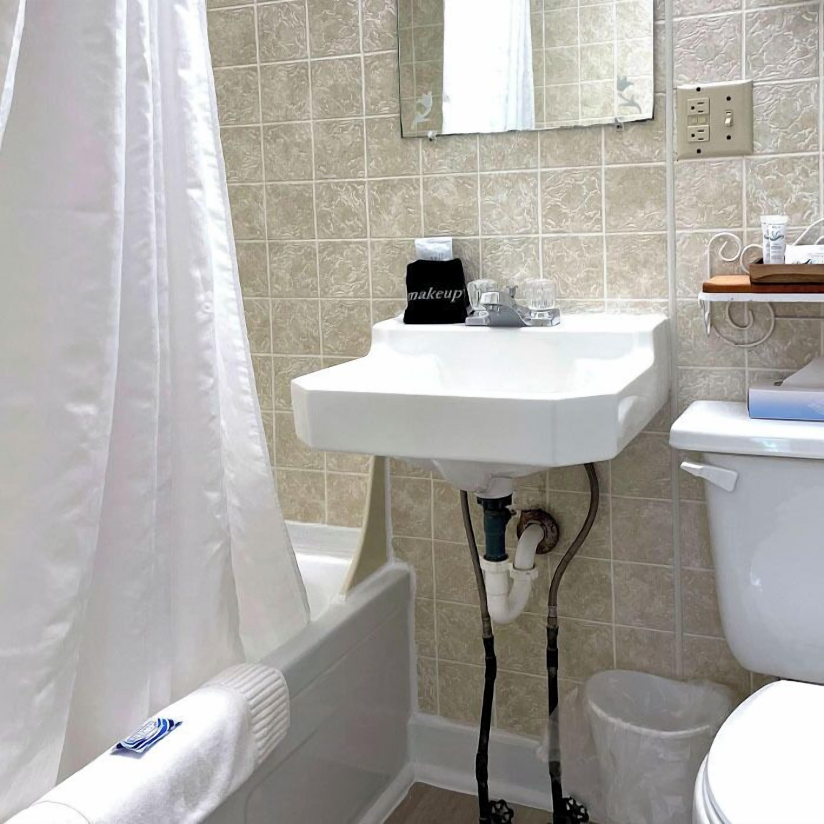 A bathroom with a white sink, a mirror, a shower curtain, and a toilet.